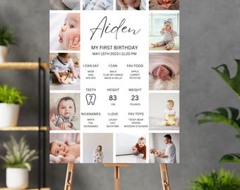 Könnte beinhalten: Ein Poster zum ersten Geburtstag mit Fotos eines kleinen Jungen namens Aiden. Das Poster enthält Details über das Alter, die Größe, das Gewicht, die Lieblingsessen und das Lieblingsspielzeug des Babys. Das Poster ist mit einem weißen Hintergrund und schwarzem Text verziert.