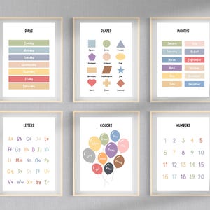 Carteles educativos, juego de 6 carteles preescolares, póster Montessori, decoración del aula, imprimibles para la educación en el hogar, alfabeto, números, formas, días