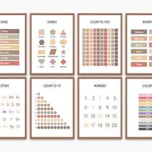 Carteles educativos, juego de 8 carteles preescolares, carteles Montessori, decoración del aula, imprimibles para la educación en el hogar, alfabeto, números, formas, días