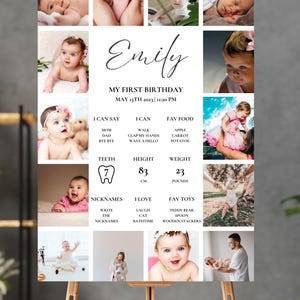 Erstes Geburtstags-Meilensteinschild, 1. Geburtstags-Meilensteinposter, 1. Geburtstags-Fotocollage-Zeichen, bearbeitbares einjähriges Babyfotos-Meilensteinbrett