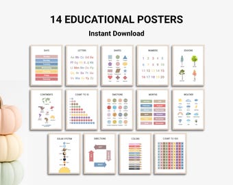 Preschool Learning Posters Bundle, Montessori Toddler Educational Printables, Alphabet, Numbers, Shapes, Colors, Classroom Nursery Wall