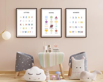Rainbow Alphabet Poster, Numbers Posters, ABC 123 Shape Poster, Educational Homeschool Decor, Alphabet Number Poster, Wall Art for Kids Room