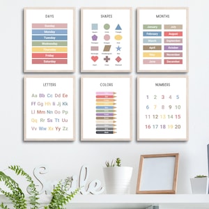 Educational Posters, Set of 6 Educational Wall Art, Homeschool Prints, Learning posters, Montessori Classroom Posters, Alphabet Poster Kids