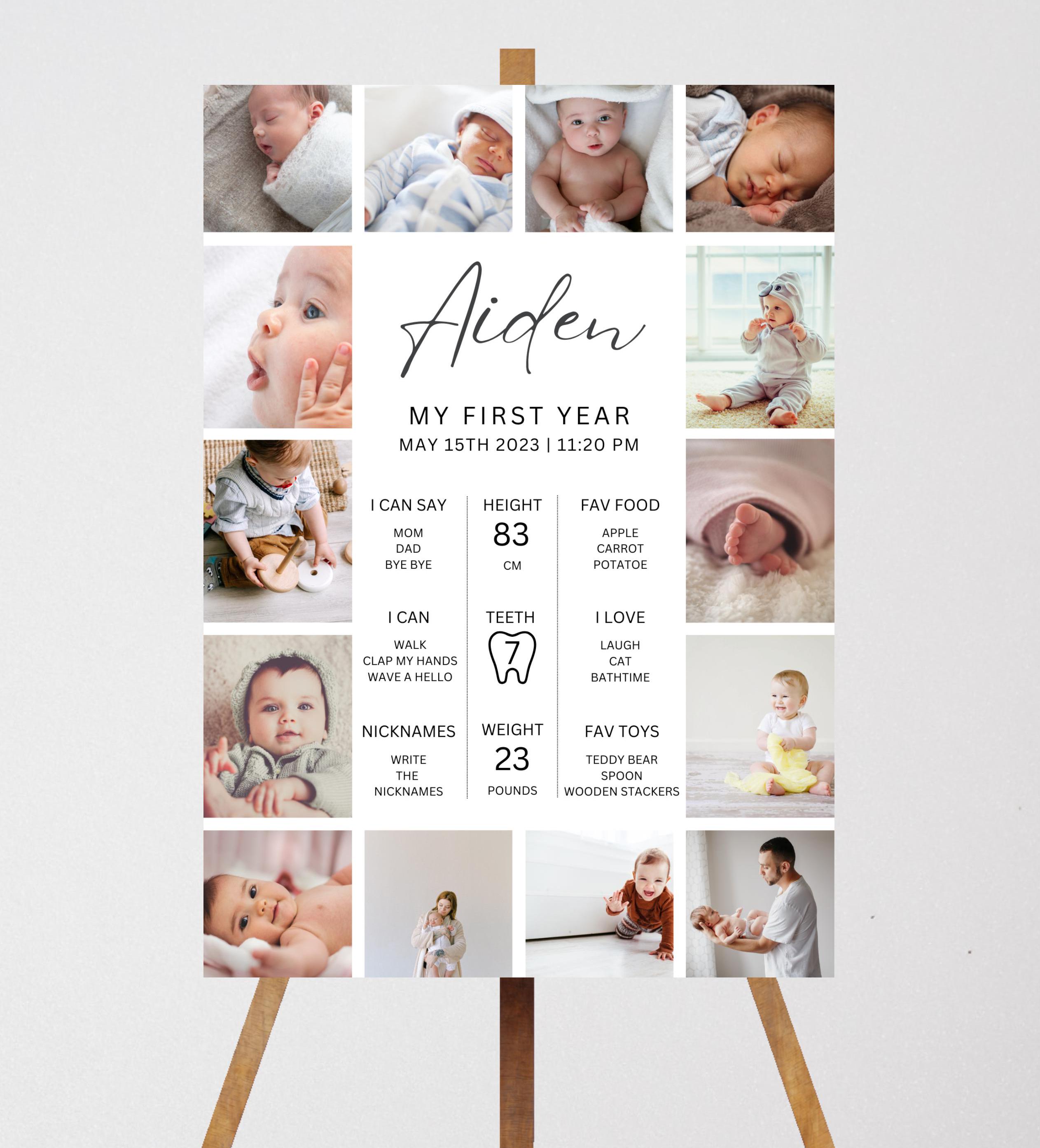 First Birthday Milestone Sign, 1st Birthday Milestone Poster, 1st Birthday Photo Collage Sign, Editable One Year Baby Photos Milestone Board