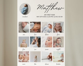 Milestone Birthday Sign, Printable Baby's First Year Poster Template, Baby's 1st Birthday Photo Collage Board, One Year Birthday Pictures