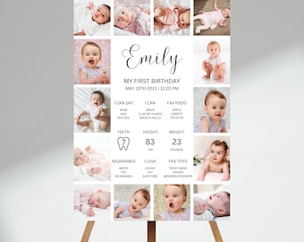 First Birthday Milestone Sign, 1st Birthday Milestone Poster, 1st Birthday Photo Collage Sign, Editable One Year Baby Photos Milestone Board