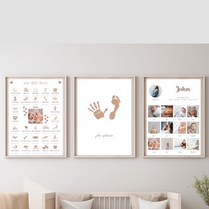 Lot d'anniversaire modifiable pour la première année de bébé, affiche ma première année, panneau d'anniversaire d'étape importante, art de l'empreinte de bébé, affiche de la première fois de bébé