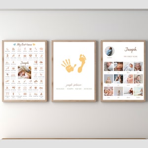 Conjunto personalizado de carteles para bebés de 3, decoración de la pared del bebé, primicias para bebés, póster de mis primeras veces, póster de hitos, plantilla de arte de huella de bebé