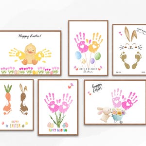 Può includere: Sei biglietti di Pasqua stampabili con arte di impronte di mani con diversi temi pasquali. I biglietti includono un'anatra, un coniglio, carote e fiori. Il testo sui biglietti include "Buona Pasqua!" e "Auguri di una Pasqua benedetta."
