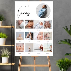 Modèle d'affiche photo imprimable pour la première année de bébé, signe de collage de photos pour le 1er anniversaire, panneau d'étape important de photos d'un an de bébé, anniversaire d'étape