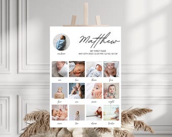 Milestone Birthday Sign, 1st Birthday Photo Collage Sign, 1st Birthday Milestone Board, Printable Baby&#39;s First Year Poster Template