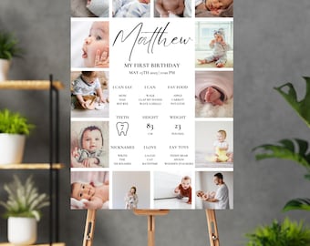 First Birthday Milestone Sign, 1st Birthday Milestone Poster, 1st Birthday Photo Collage Sign, Editable One Year Baby Photos Milestone Board