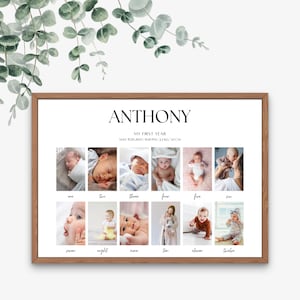 Cartello fotografico mensile, cartello collage fotografico per il primo compleanno, poster stampabile per la pietra miliare del primo anno, cartello fotografico per il primo compleanno