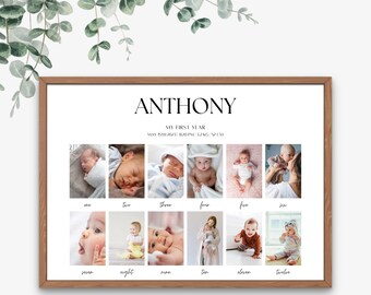 Monthly Photo Board Sign, 1st Birthday Photo Collage Sign, First Year Picture Milestone Poster Printable, 1st Birthday Photo Board