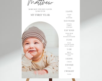 May include: A white poster with a black and white photo of a baby boy in a striped hat. The poster lists the baby's name, Matthew, birth date, weight, and height. It also includes a list of things the baby loves, can do, and is like.