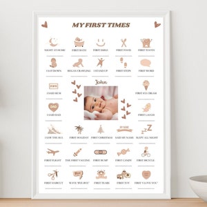 Póster de Baby My First Times, regalo de nacimiento de bebé, impresión de recuerdos de bebé, decoración de pared de bebé, primer cumpleaños de bebé, lista de primeros bebés