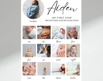 Milestone Birthday Sign, 1st Birthday Photo Collage Sign, 1st Birthday Milestone Board, Printable Baby&#39;s First Year Poster Template