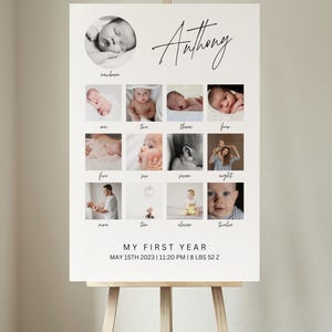 Cartello fotografico mensile, cartello collage fotografico per il primo compleanno, poster stampabile per la pietra miliare del primo anno, cartello fotografico per il primo compleanno