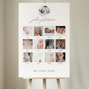 Cartello fotografico minimalista per il primo compleanno, collage fotografico per il primo compleanno, bacheca fotografica per il primo compleanno, modello fotografico per il mio primo anno, traguardo mensile