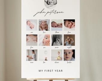 Minimalist First Birthday Photo Sign, 1st Birthday Photo Collage, 1st Birthday Photo Board, My First Year Photo Template, Monthly Milestone