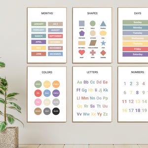 Carteles educativos, juego de 6 carteles preescolares, póster Montessori, decoración del aula, imprimibles para la educación en el hogar, alfabeto, números, formas, días