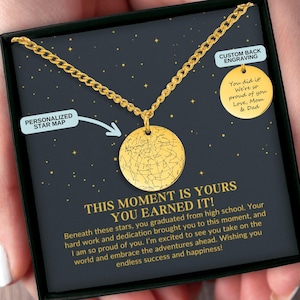 Cadeau de remise des diplômes pour lui, collier carte des étoiles personnalisé, cadeau pour diplômé du secondaire, chaîne cubaine personnalisée, cadeau unique des parents pour un fils