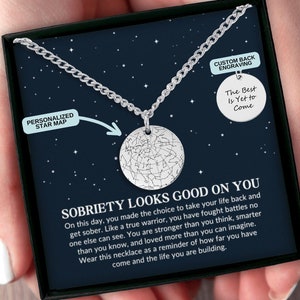 Collier sobre d'étape importante, carte des étoiles personnalisée par bijoux de date pour lui, cadeau de sobriété, cadeau de récupération de dépendance, cadeau d'encouragement personnalisé