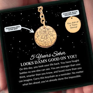 Cadeau personnalisé de sobriété, cadeau d'anniversaire de 5 ans d'abstinence, porte-clés carte des étoiles gravée personnalisé, cadeau de récupération, cadeau d'encouragement d'une étape importante