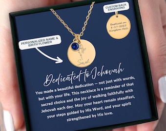 JW Baptism Gift for Her, Dedicated to Jehovah Baptism Necklace, Custom Birth Flower & Birthstone Jewelry, Adult Baptism, New Believer Gift