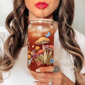 Cottagecore Mushroom 16oz Glass Can: Wildflower Iced Coffee Cup, Mushroom Lover, Floral Glass Cup, Birthday Gift for Friend, Coworker Gift