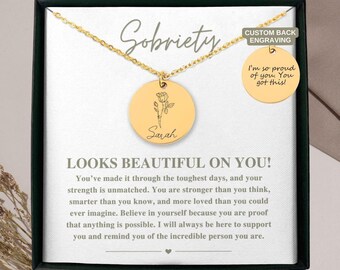 Sobriety Gift for Women, Personalized Birth Flower Necklace, Sobriety Jewelry for Her, Addiction Recovery Gifts, Sobriety Anniversary Gift