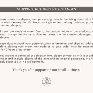 May include: A cream-colored page with text about shipping, returns, and exchanges. The text is in a dark brown font and is centered on the page. The top of the page has a dark brown banner that reads "SHIPPING, RETURNS & EXCHANGES".