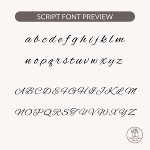 May include: A script font preview displays lowercase and uppercase alphabets. The text "SCRIPT FONT PREVIEW" is at the top. The font is a delicate, cursive style, with each letter in black against a cream background.