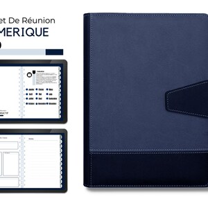 May include: A blue digital notebook cover with a black flap and a white stylus. The cover has the text "Carnet De Réunion NUMÉRIQUE (2023)" on the front.