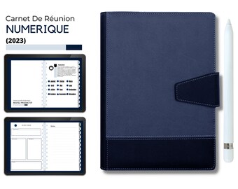 May include: A blue digital notebook cover with a black flap and a white stylus. The cover has the text "Carnet De Réunion NUMÉRIQUE (2023)" on the front.