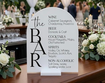 Panneau de bar acrylique pour mariage, menu de bar, fond blanc