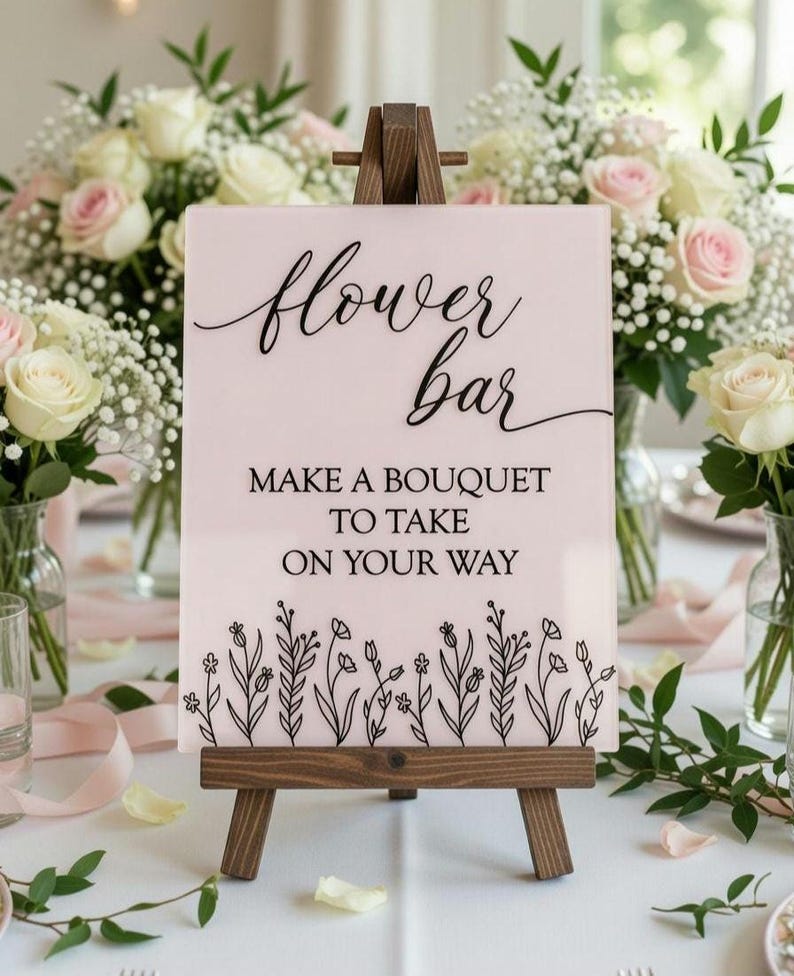 May include: A rectangular light pink acrylic sign displayed on a dark brown wooden easel. The sign features the black text "flower bar" in a cursive script, followed by "MAKE A BOUQUET TO TAKE ON YOUR WAY" and a black line drawing of wildflowers.