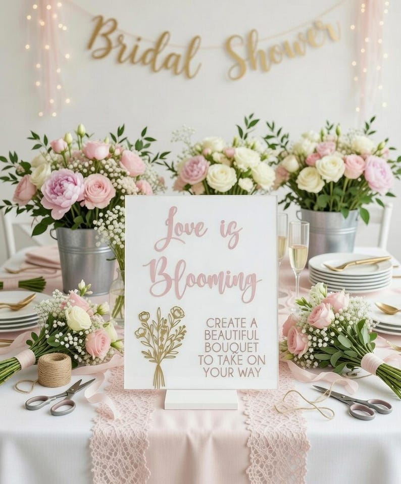 May include: A white rectangular sign with a stand featuring the pink text Love is Blooming and the black text CREATE A BEAUTIFUL BOUQUET TO TAKE ON YOUR WAY, accompanied by a gold line-art illustration of a flower bouquet on the left side.