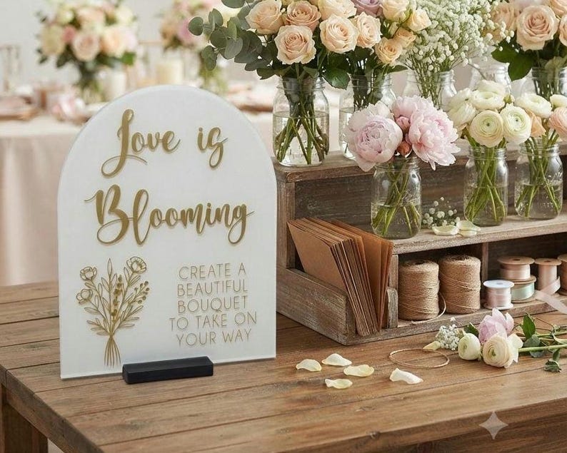 May include: An arched white acrylic sign with gold lettering that reads Love is Blooming and Create a Beautiful Bouquet to Take on Your Way, featuring a gold floral graphic and a black base, displayed on a wooden table with flower arrangements.