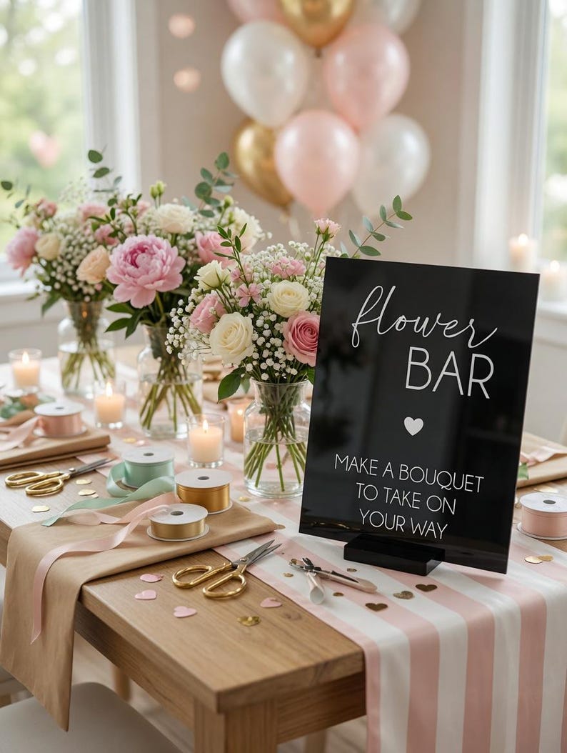 May include: A black rectangular sign with white text reading flower BAR, MAKE A BOUQUET TO TAKE ON YOUR WAY, and a heart icon. The sign sits on a table with glass vases of pink and white flowers, gold scissors, ribbon spools, and candles.