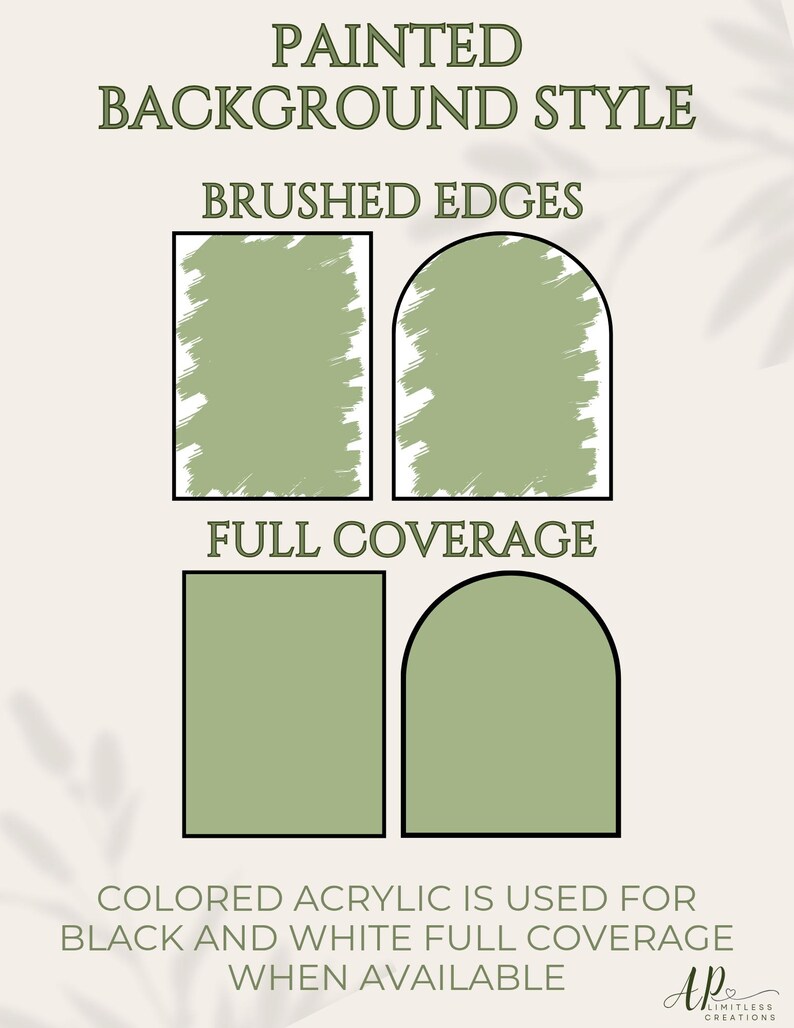 May include: An informational graphic titled PAINTED BACKGROUND STYLE displaying four sage green shapes. Two shapes feature BRUSHED EDGES in rectangular and arched forms, while two show FULL COVERAGE in the same shapes. Text notes colored acrylic is used for black and white full coverage when available.