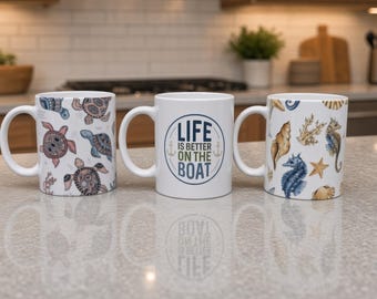 Ensemble de 3 tasses à café sur le thème nautique, « La vie est plus belle sur le bateau », coquillages, hippocampes, tortues