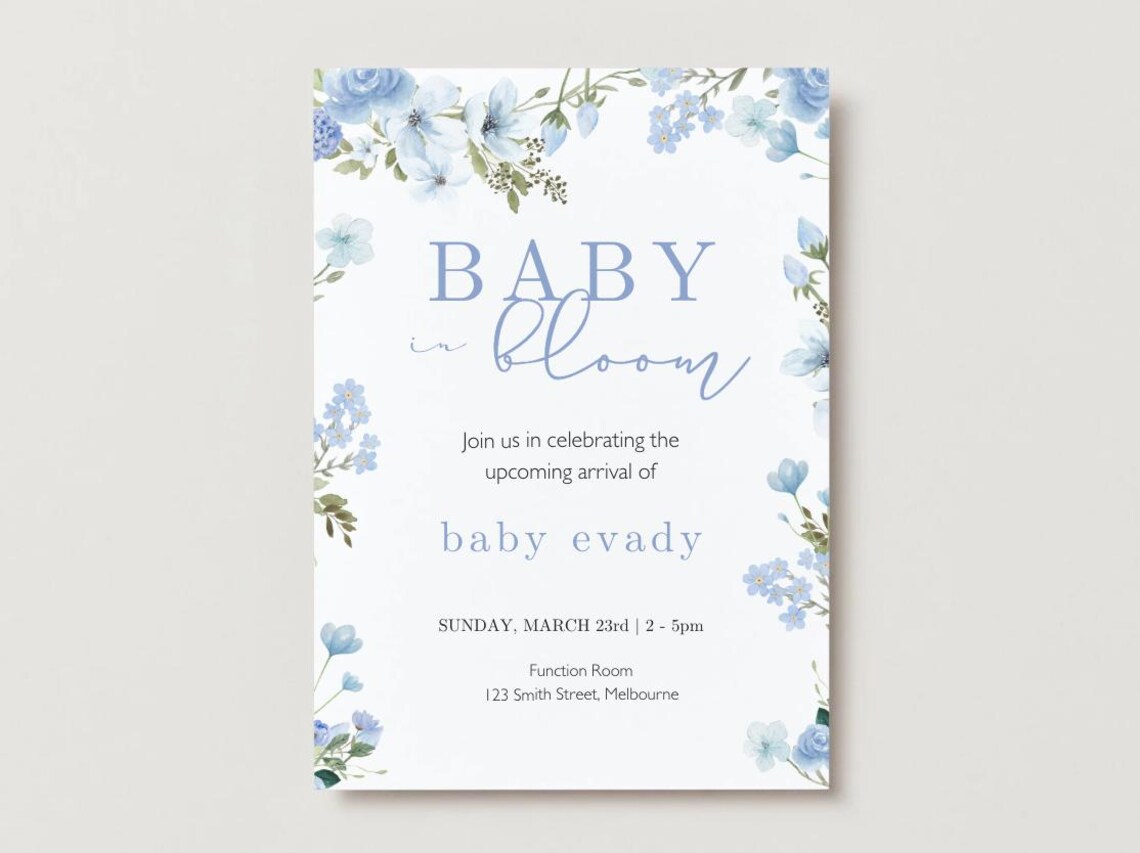 Baby in Bloom Blue Floral Invitation Template (canva Template) - Etsy