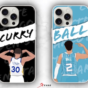 Custodia per iPhone ispirata a Stephen Curry e LaMelo Ball – Custodia opaca antiriflesso con stampa UV e lati trasparenti – Arte NBA disegnata a mano – Golden State