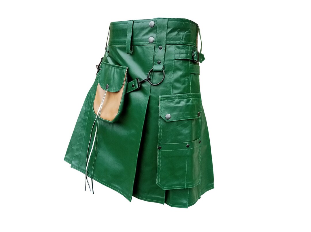 Green Handmade Real Cow Leather Kilt Utility Cargo Front Big Etsy UK