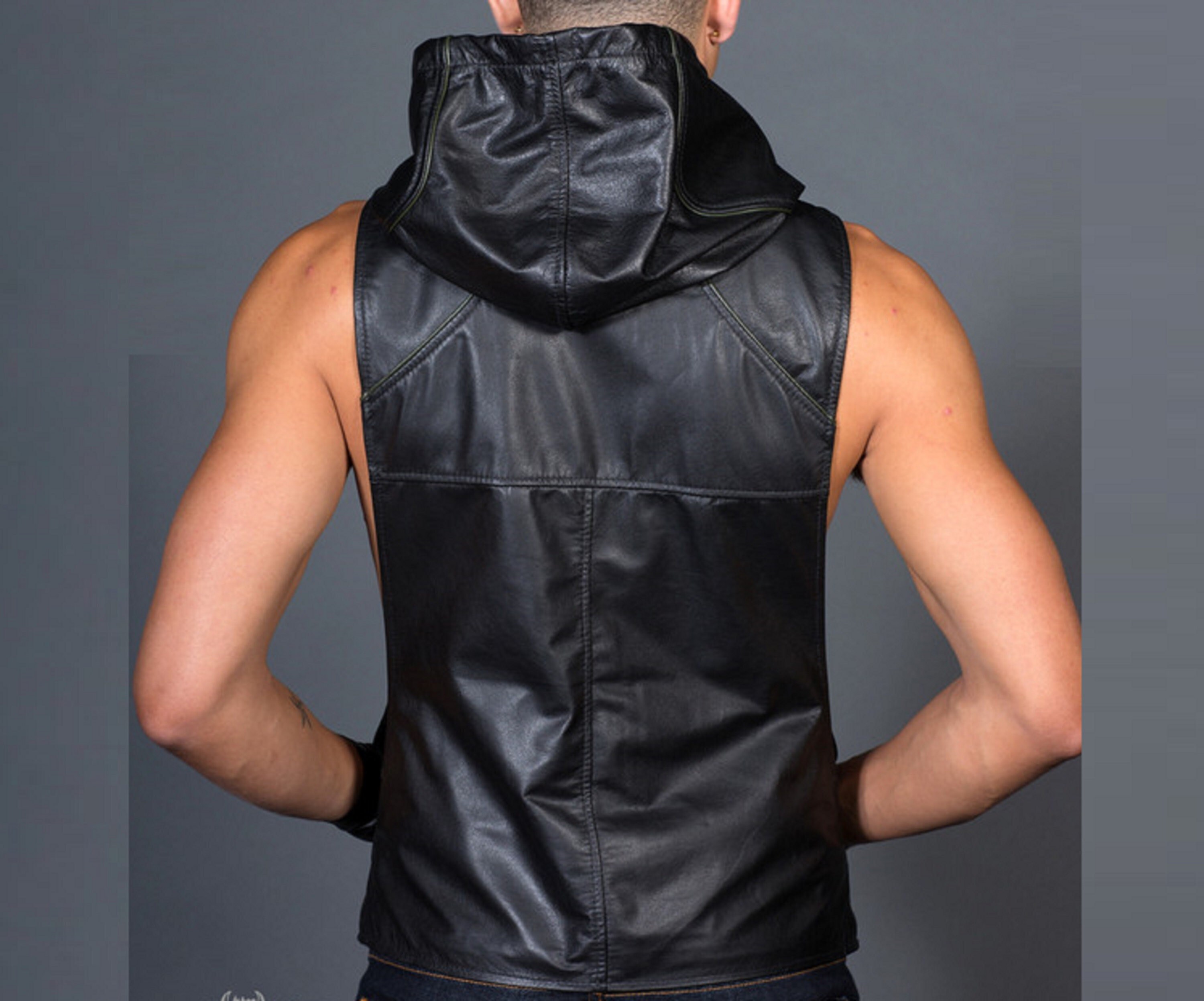 Mens leather vest with clearance hood