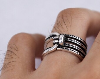 Anillos de plata-Anillo en capas tejido con nudo-Primer día de la madre Presente-Dot Chunky Silver Boho Anillo para mujer-Pulgar ajustable Grueso Anillo de banda abierta