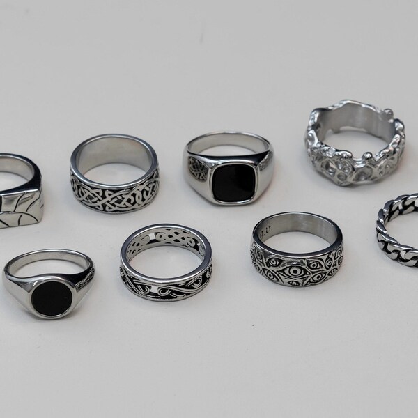 Simple Silver Rings - Stainless Steel Twisted Wave Rings - Simple Signet Rings - Rectangular Rings - Ring Sets - Unisex Rings