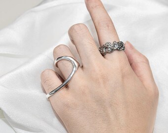 Chunky 2 Finger Silver Abstract Ring For Women Irregular Simple Everyday Adjustable Ring Sterling Silver Band Ring Fashion Teen Adult Ring