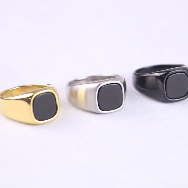 18K Stainless Steel Onyx Ring - Mens silver and black square signet ring - rings for men - unisex band ring - mens jewelry - mens jewellery